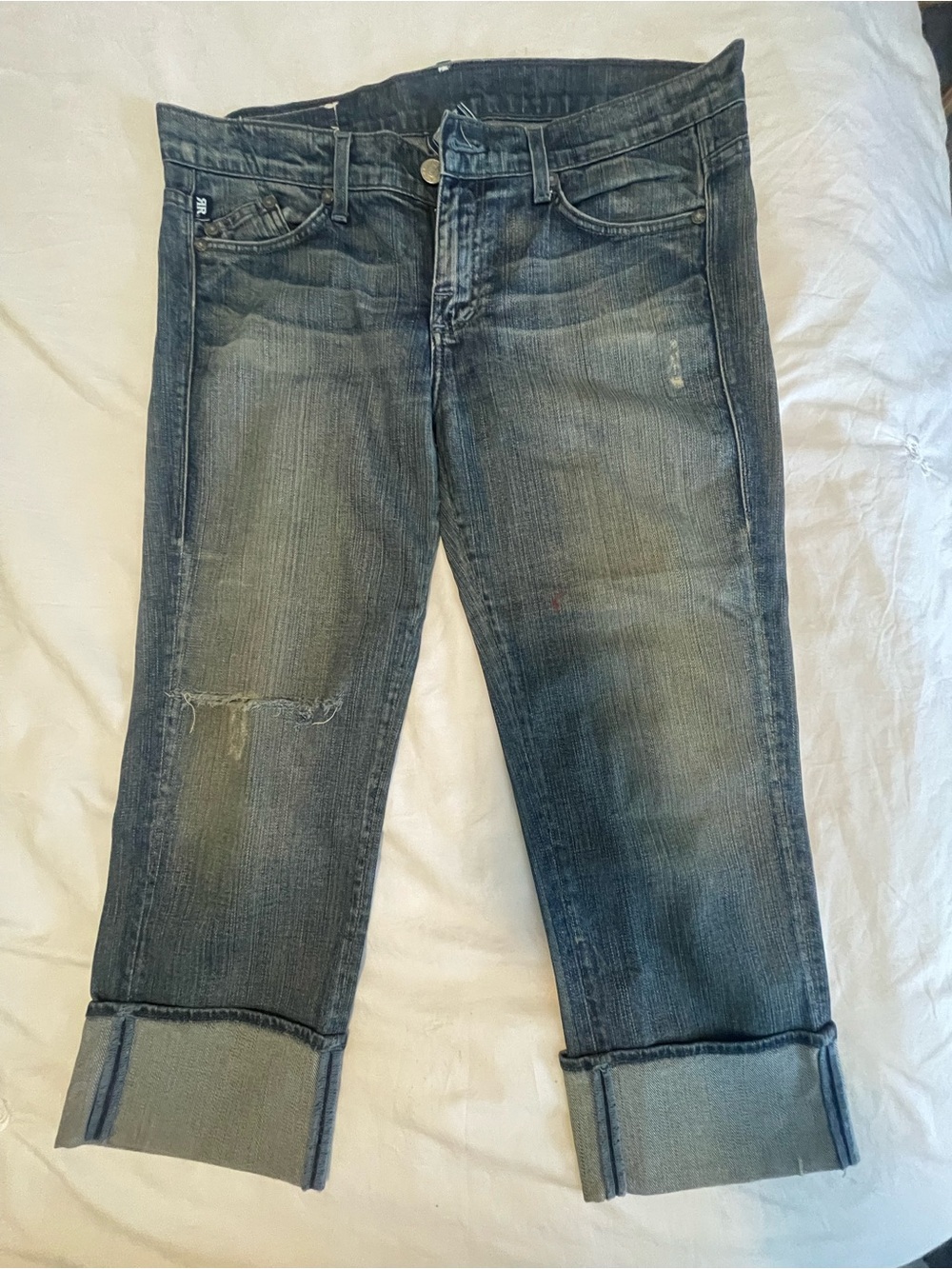Victoria Beckham Rock & Republic Distressed Cuffed Cropped Jeans - Faded Blue